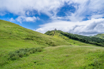 Fototapeta premium Beautiful grassland, prairie in Taoyuan Valley, Caoling Mountain Trail passes over the peak of Mt. Wankengtou in Taiwan.
