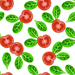 Seamless pattern with vegetable decoration: tomatoes and spinach, vector illustration