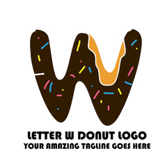 The Best and Delicious Letter W Donuts Shop Logo for Cafe and Bakery. Bitten Chocolate Donut with Initial Lettering Logotype Vector Illustration on White Background
