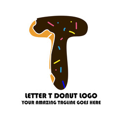 The Best and Delicious Letter T Donuts Shop Logo for Cafe and Bakery. Bitten Chocolate donut with Initial Lettering Logotype Vector Illustration on White Background
