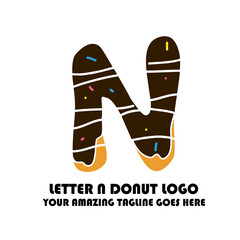 The Best and Delicious Letter N Donuts Shop Logo for Cafe and Bakery. Bitten Chocolate Donut with Initial Lettering Logotype Vector Illustration on White Background
