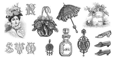 Vintage victorian fashion engraving Monogram letters - obrazy, fototapety, plakaty