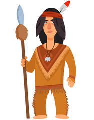 American indian holding spear. Male character in cartoon style.