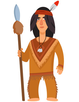 recommend clip art: American indian holding spear. Male character in cartoon style.