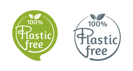 100 percents Plastic Free stamp in 2 variations for marking of unavailability of harmful polymers 