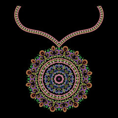 Neckline ethnic design. Ornamental colorful round pendant. Vector print with decorative elements and beads for embroidery, for women's clothing.