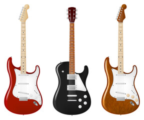 Six string electric guitar in three color schemes. Vector illustration.