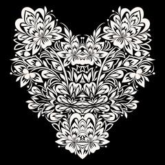 Neckline floral design. Trendy black and white lace pattern. Vector print with decorative elements for embroidery, for women's clothing.