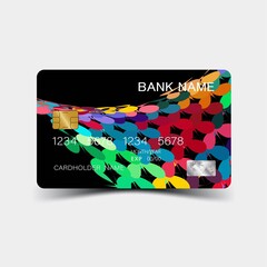 Colourful geometric credit card design. On the white background. Glossy plastic style. Vector illustration.