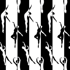 Vector Ballet Dancers in Black and White on Stripes Seamless Repeat Pattern. Background for textiles, cards, manufacturing, wallpapers, print, gift wrap and scrapbooking.