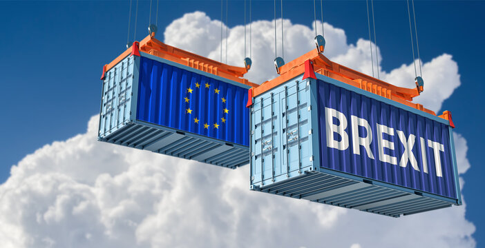 Freight containers with the text BREXIT and European Union flag on the side. 3D Rendering 
