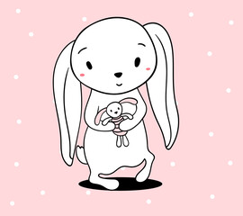 Fototapeta premium Vector illustration of lovely cartoon white rabbit holding a toy on pink background with dot. Happy little cute hare.