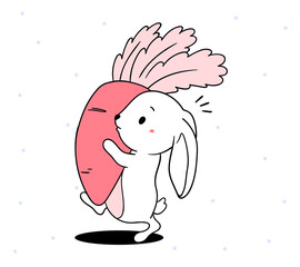 Vector illustration of lovely cartoon white rabbit holding a big orange carrot. Happy little cute hare with present.