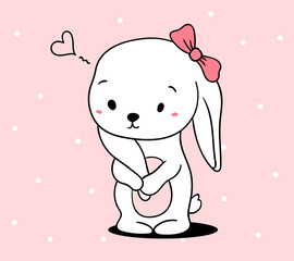 Vector illustration of lovely cartoon white rabbit with boe holding ear on pink background with dot. Happy little cute hare.