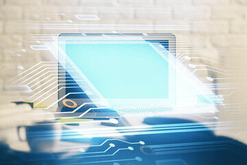 Multi exposure of desktop computer and technology theme hologram. Concept of software development.