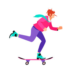 Isolated on white woman on a skateboard vector illustration. Girl riding a board design element. Modern activity, urban vehicle in flat cartoon style.