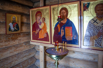 In the chapel of St. Nicholas the Wonderworker. Recreation center "Okunevaya". Vysokinsky massif. Vyborgsky district. Leningrad region. Russia
