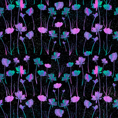 Watercolor flowers. Seamless pattern. Hand painted background. Bright flowers on the dark background. Blue, pink and violet flowers.