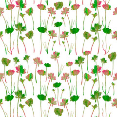 Green and red flowers on the white background. Watercolor flowers. Seamless pattern. Hand painted background.