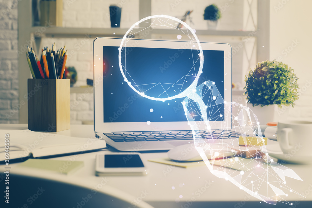 Poster Desktop computer background in office and start up theme hologram drawing. Double exposure. Startup concept.
