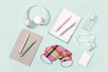 School accessories, new normal concept, face medical mask and hand sanitizer