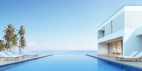 Perspective of modern house with swimming pool on sea background, Exterior. 3d rendering