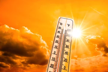 Foto op Plexiglas Hot summer or heat wave background, glowing sun on orange sky with thermometer © Günter Albers
