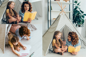 collage of happy nanny and kid reading book and drawing in toy wigwam © LIGHTFIELD STUDIOS