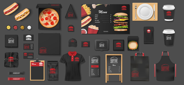 Black Mockup for pizzeria, cafe, fast food restaurant. Branding mock up set of pizza, street menu, burger, hot dog, package. Coffee, Fast food package. vector
