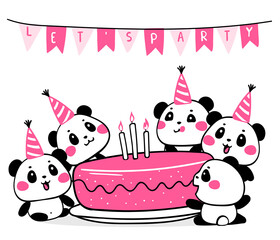 Vector illustration of many lovely cartoon pandas with big pink birthday cake on white background with flags. Happy cute pandas celebrate birthday.