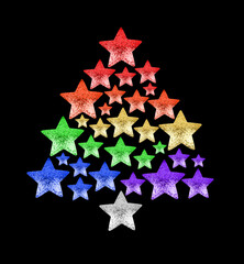 Christmas tree made of shiny stars LGBTQ community rainbow flag colors black background isolated close up, New Year decoration, LGBT pride xmas festive symbol, gay, lesbian etc winter holidays sign

