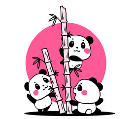 Vector illustration of lovely cartoon pandas eat bamboo branches on white background. Happy cute pandas.