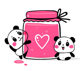 Vector illustration of two lovely cartoon pandas with big pink jam jar