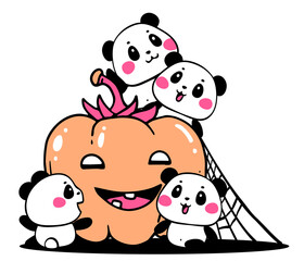 Vector illustration of lovely cartoon many pandas with orange color halloween pumpkin on white background. Happy little cute pandas.