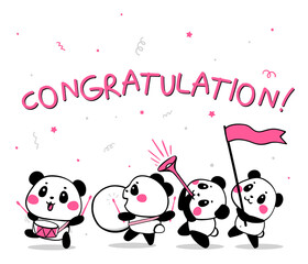 Vector illustration of lovely cartoon panda band go and play musical instrument on white background with word.