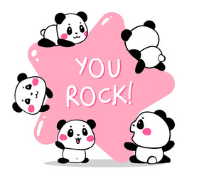 Fototapeta premium Vector illustration of lovely cartoon many panda with a big pink star with text on white background. Happy little cute panda