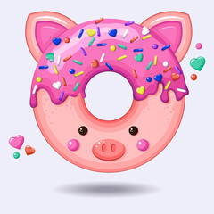 Glazed cute doughnut animal. Isolated donuts with glaze and bite, eaten chocolate icing fritters or caramel circle doughnuts