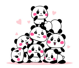 Vector illustration of many lovely cartoon pandas gathered in a heap on white background. Happy cute pandas are on each other in different poses.
