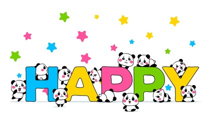 Vector illustration of lovely cartoon many panda with a big brig