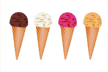 Set of four colorful ice cream Chocolate, vanilla, apricot and strawberry.  Ice cream in the cone on white background. Vector ice cream scoops.