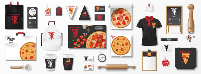 Mockup set for pizzeria, cafe or restaurant. Realistic branding set of pizza box, flyer, uniform, menu, cardboard pack. Pizza mockup elements for pizzeria. vector illustration
