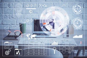 Double exposure of desktop computer and technology theme hologram. Concept of software development.