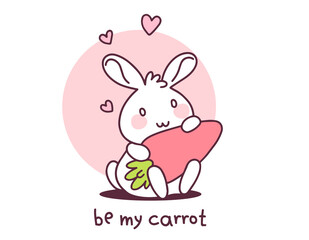 Happy little cute white bunny with carrot on white background. Vector illustration of lovely cartoon rabbit holding a carrot.