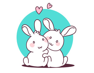 Obraz na płótnie Canvas Two happy little cute bunny hug on white background. Vector illustration of lovely cartoon two white rabbit with heart.
