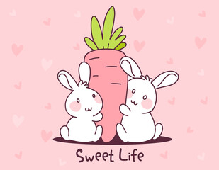 Obraz na płótnie Canvas Two happy little cute bunny with a big carrot on pink background. Vector illustration of lovely cartoon two white rabbit holding a carrot.