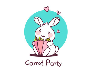 Obraz na płótnie Canvas Vector illustration of lovely cartoon white rabbit holding a carrot. Flat line art style hand drawn design for greeting card, invitation, tshirt, print, sticker.