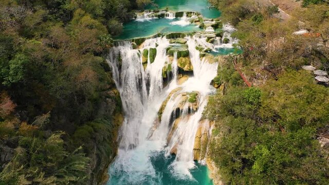Aerial view of El Meco Waterfall in San Luis Potosi, Mexico.