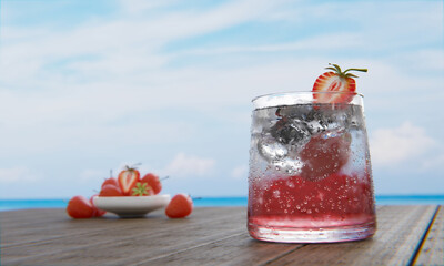 Mocktail Strawberry Nectar with Soda Does not mix alcohol. Fresh strawberries in a ceramic cup are in the background blur placed on a plank table. The restaurant at the beach and sea .3d rendering