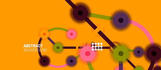 Flat style geometric abstract background, round dots or circle connections on color background. Technology network concept.