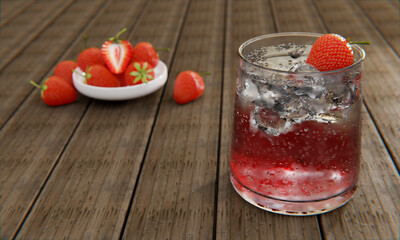 Mocktail Strawberry Nectar with Soda Does not mix alcohol. Fresh strawberries in a ceramic cup are in the background blur placed on a plank table. 3d rendering